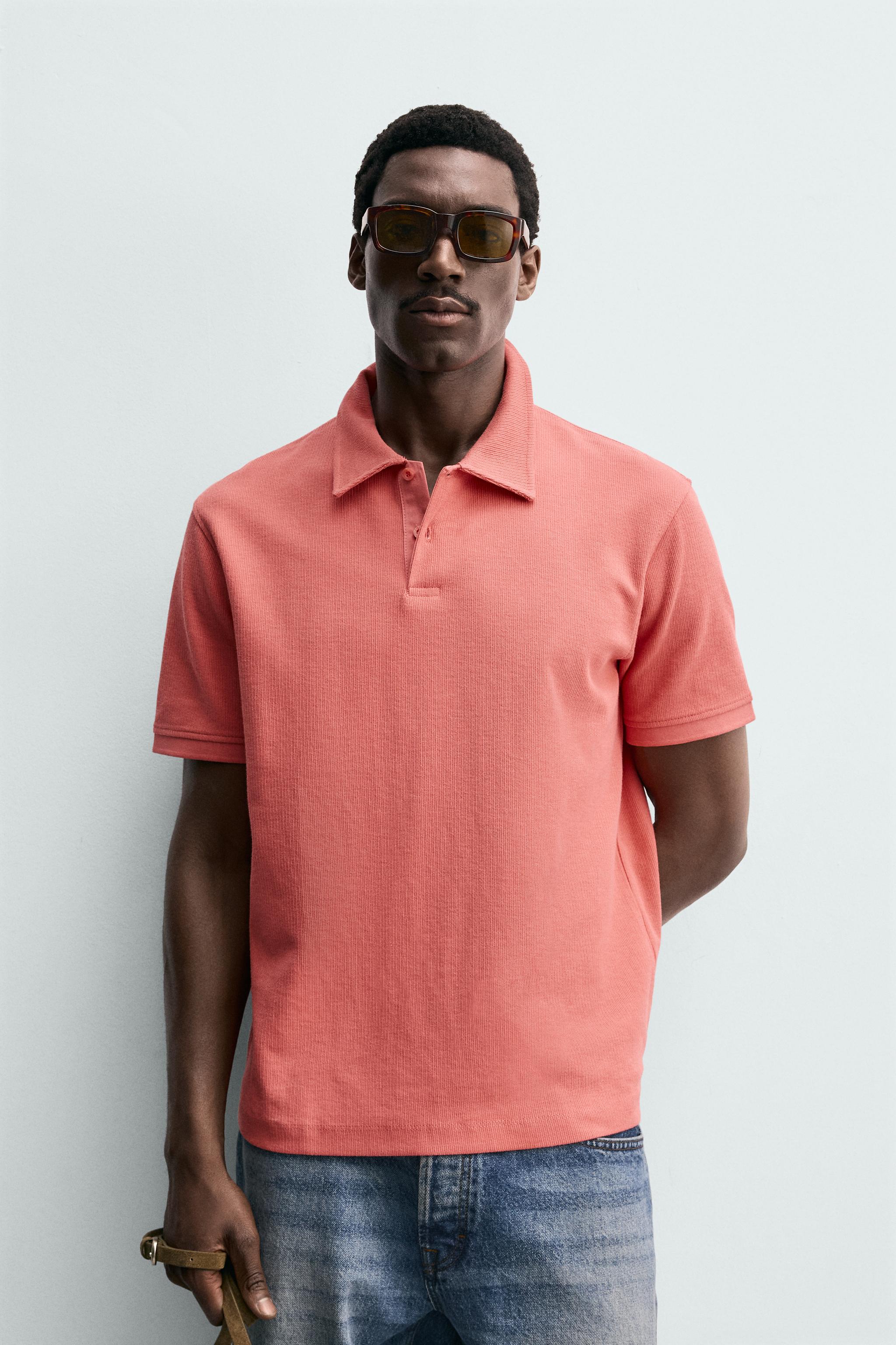 REGULAR FIT TEXTURED POLO SHIRT — Coral red