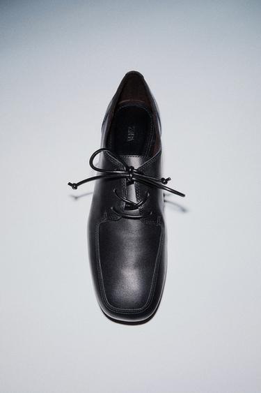LEATHER LACE-UP FLAT SHOES - Black by Zara