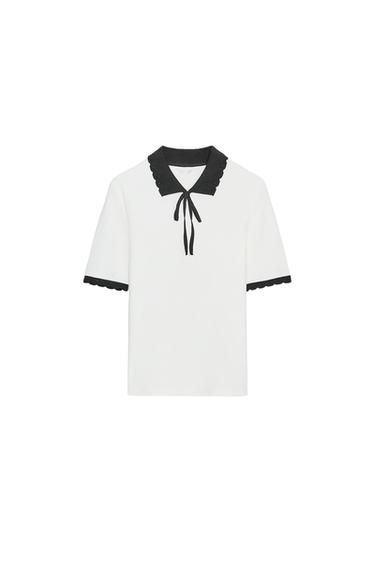 CONTRAST COLLAR T-SHIRT WITH BOW