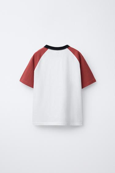 RAGLAN SLEEVE T-SHIRT WITH EMBROIDERED SLOGAN - White / Red by Zara - Image 1