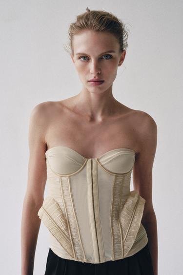TEXTURED MIXED-FABRIC CORSET — Ecru 1