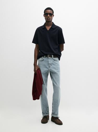 Zara Cotton V-neck polo shirt - Navy blue - Image 0