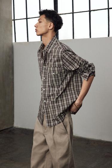 CROPPED FIT CHECK SHIRT - Brown / Ecru by Zara