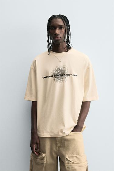 CAMISETA RELAXED FIT TEXTO COMBINADO - Blanco roto de Zara