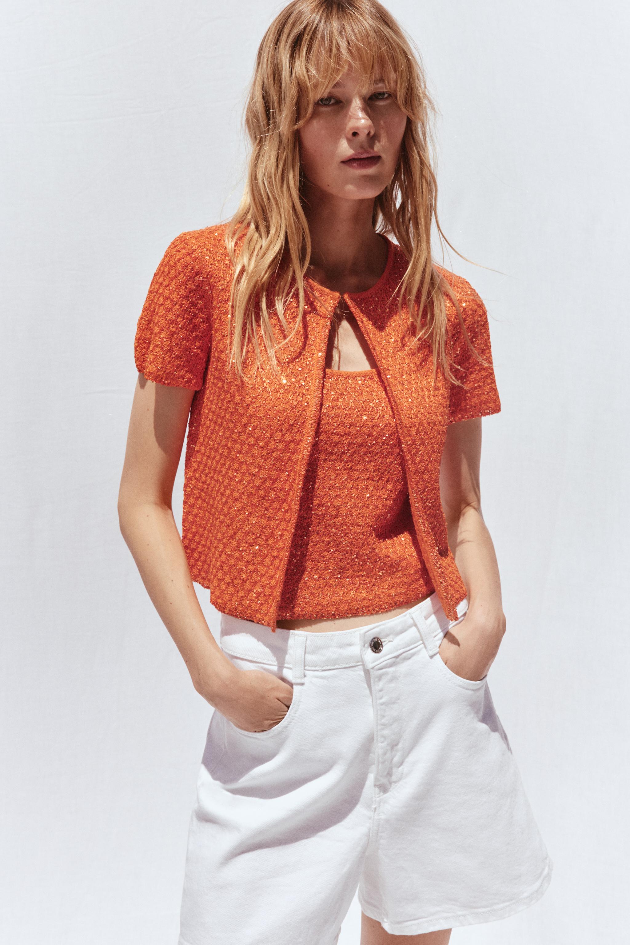 スパンコールニットトップス - オレンジ色 | ZARA Japan / 日本