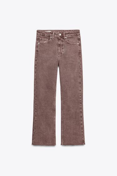 Zara TRF HIGH RISE CROPPED FLARE JEANS - Burgundy