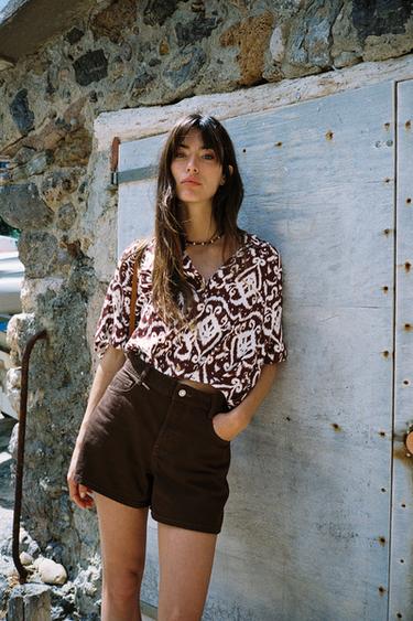 Zara PRINTED SHORT SHIRT - Terracotta
