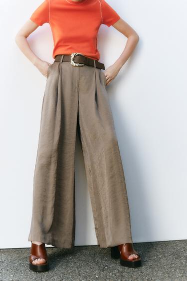 SATIN WIDE-LEG TROUSERS WITH BELT - Brown / Taupe by Zara - Image 1