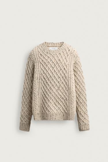 Zara WOOL CABLE KNIT JUMPER - Ecru