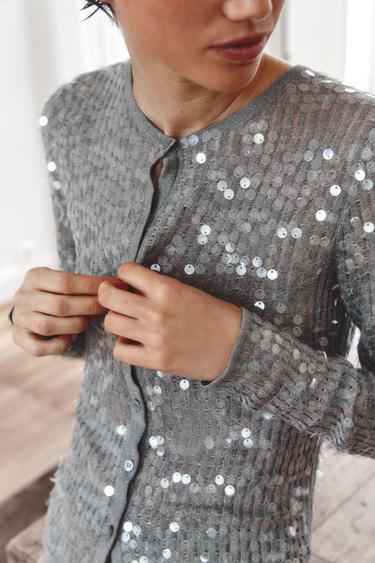 SEQUIN KNIT CARDIGAN - Grey marl by Zara - Image 4