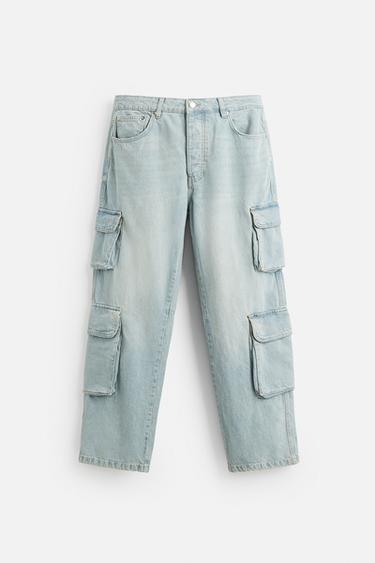 DENIM CARGO TROUSERS WITH POCKETS - Light blue by Zara