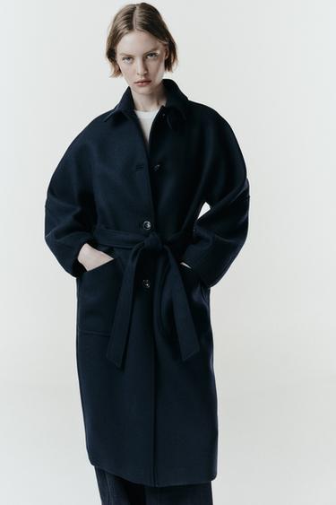 ABRIGO CINTURÓN CON LANA - Marino de Zara