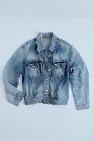 Zara RIPPED TRF DENIM JACKET - Light blue