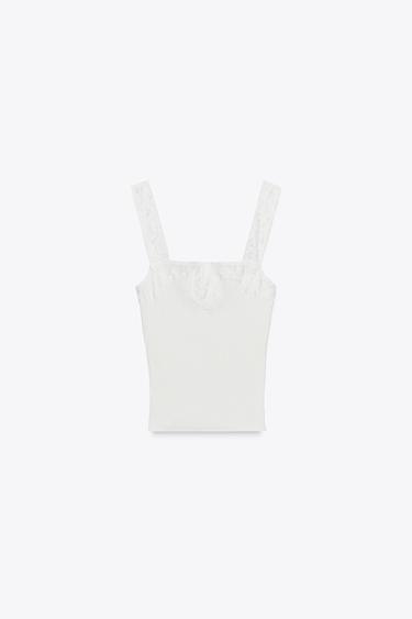 Zara EMBROIDERED RIBBED TOP - White