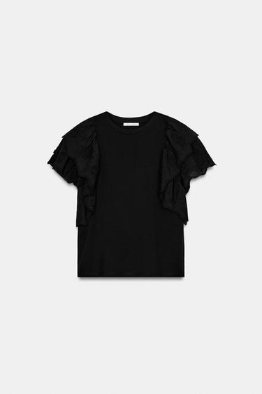 SHORT SLEEVE RUFFLE T-SHIRT - Black by Zara