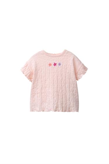 EMBROIDERED FLORAL TEXTURED T-SHIRT - Peach by Zara