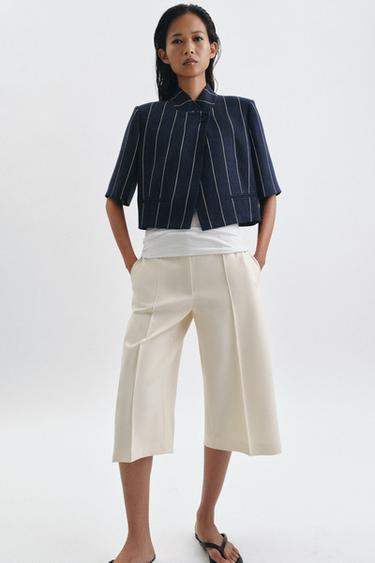 ZW COLLECTION STRIPED LINEN BLEND JACKET - Navy blue by Zara