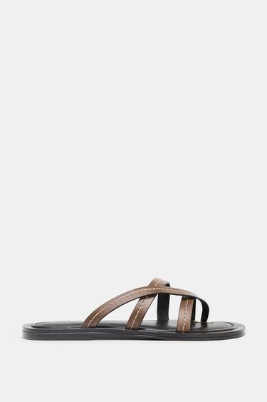 FLAT LEATHER STRAPPY SANDALS - Brown by Zara