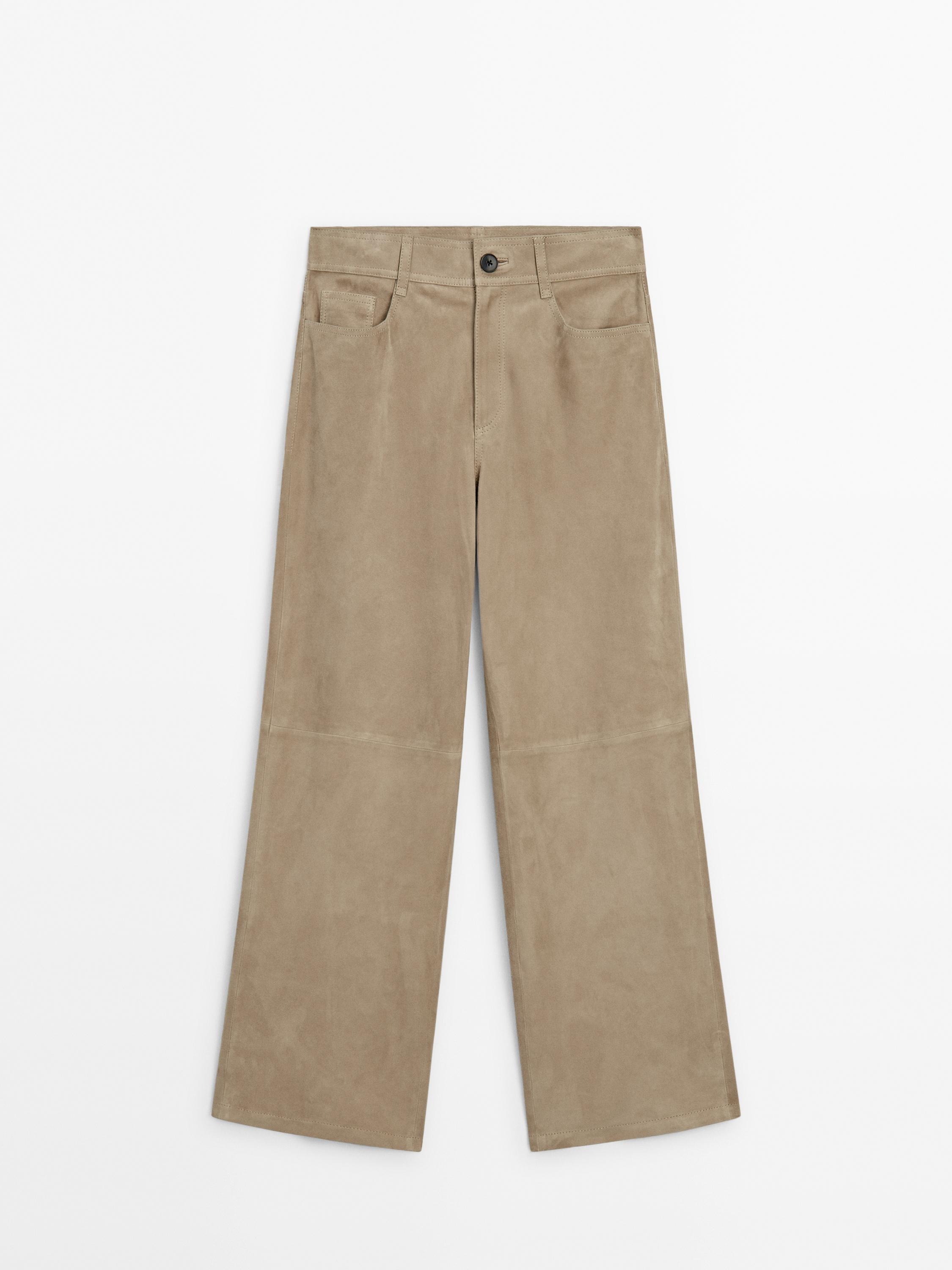 Straight-leg leather suede trousers - Stone | ZARA Canada