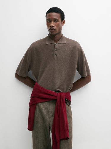 Zara Linen knit polo sweater - Brown / White