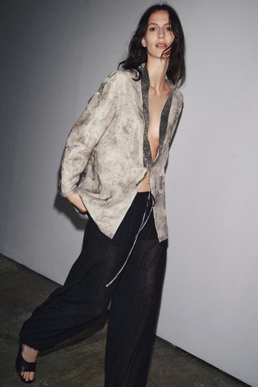 Zara BEADED PRINT ORGANZA KIMONO - Taupe gray