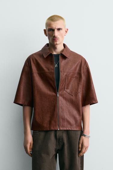 RELAXED FIT LEATHER EFFECT OVERSHIRT - Reddish by Zara
