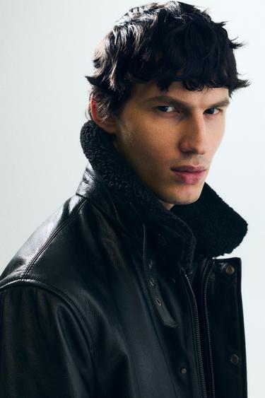 LEATHER JACKET WITH CONTRAST COLLAR - Black by Zara