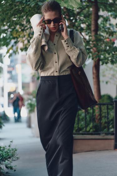 STRIPED FLOWING SHIRT - Ecru / Green by Zara