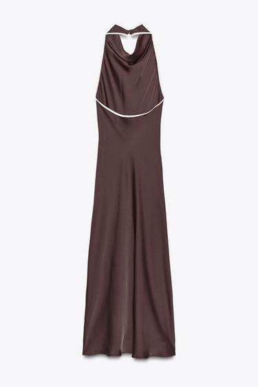 CONTRAST TRIM SATIN MIDI DRESS - Brown by Zara - Image 9