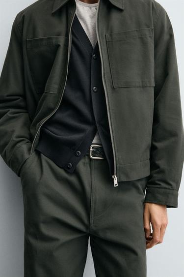 Zara CANVAS TEXTURED PANTS - Dark khaki
