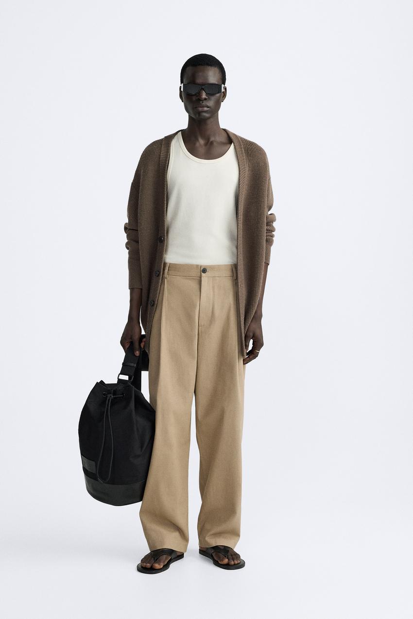 PLEATED COTTON - LINEN TROUSERS - Oyster-white