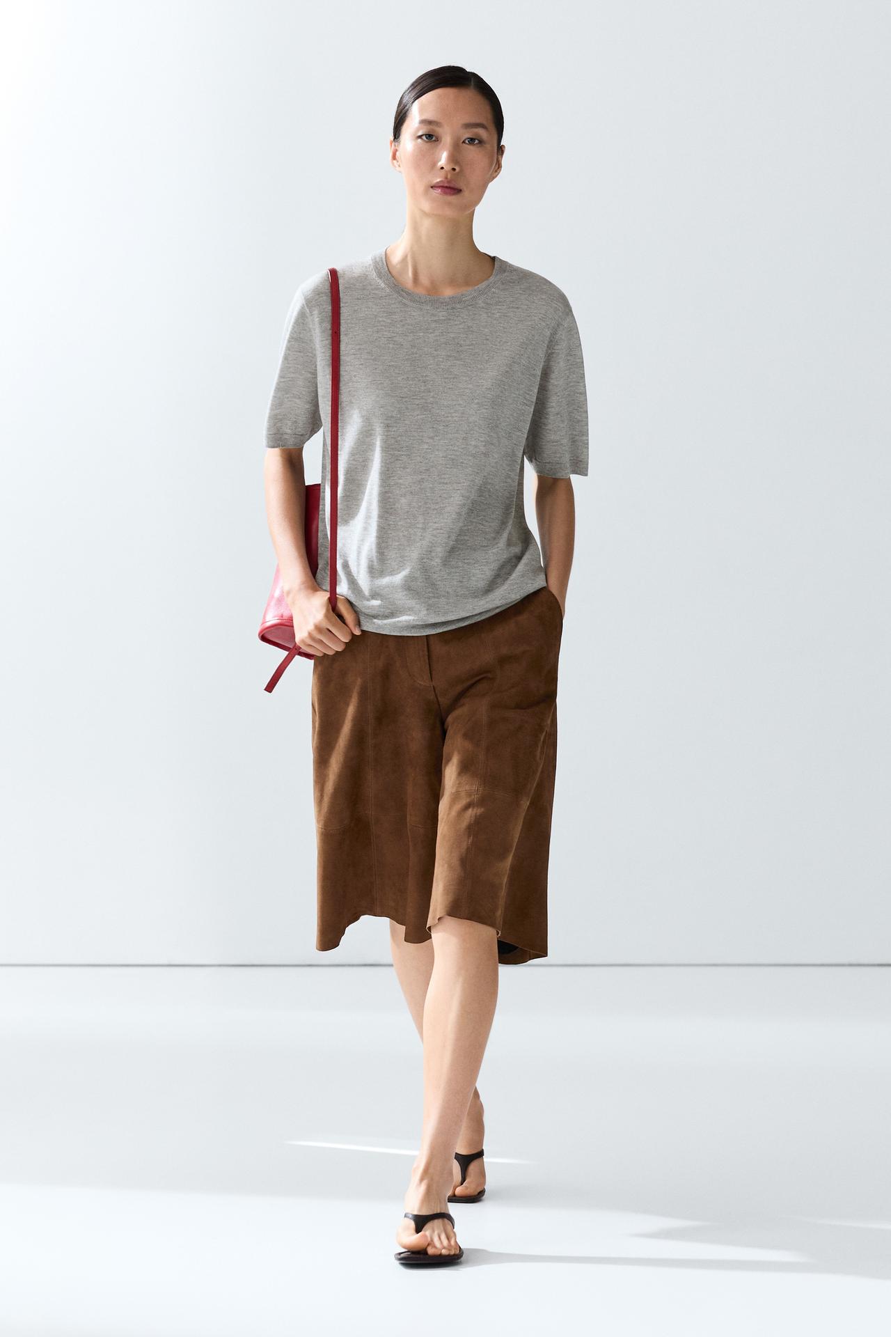 Short-sleeve fine-knit sweater — Gray marl