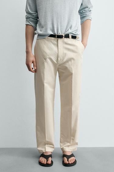 COTTON/LINEN STRAIGHT-LEG CHINO TROUSERS - Sand by Zara