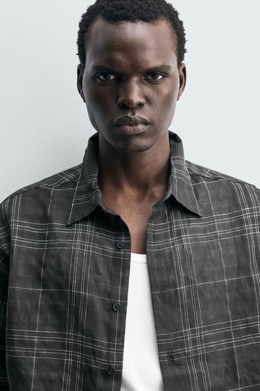 CHEMISE À CARREAUX LIN-COTON - Gris anthracite de Zara - Image 5