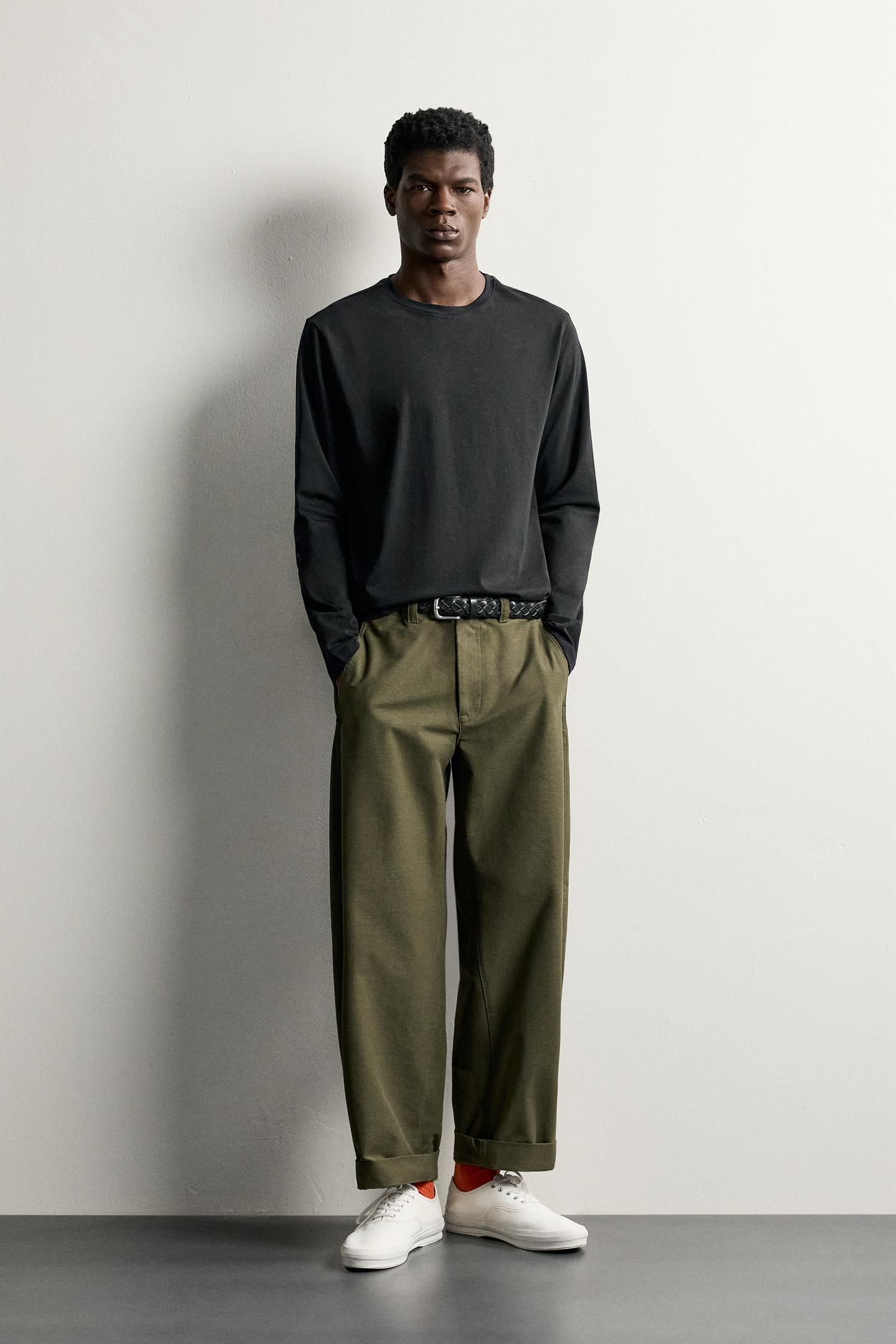 Мужская футболка Zara Long Sleeve Slim Fit Basic, цвет: Чёрный — фото 1
