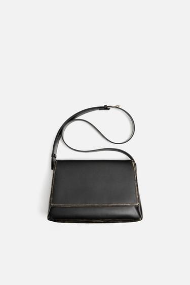 Zara 仿舊效果翻蓋單肩包 - 黑色