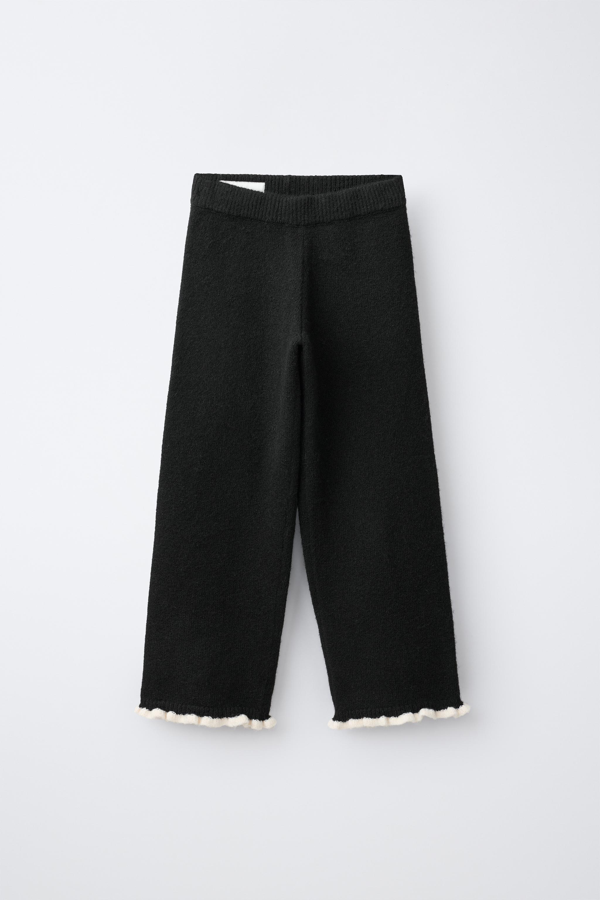  トレフォイル ワイド パンツ ブラック フリル コントラストフリル付きワイドレッグパンツ - ブラック | ZARA Japan