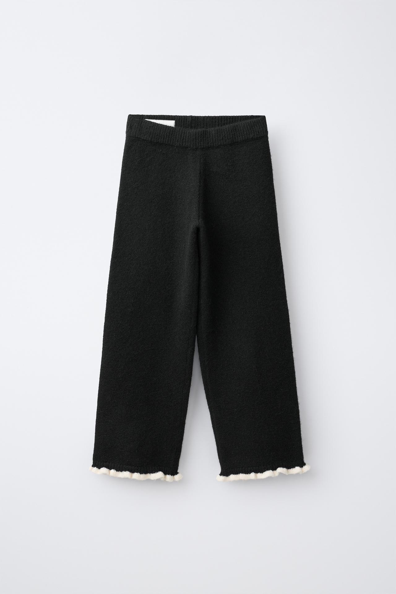 CONTRAST RUFFLE WIDE-LEG PANTS — Black
