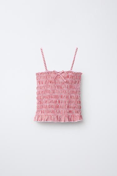 SMOCKED GINGHAM TOP WITH ELASTICATED TRIMS - Red by Zara