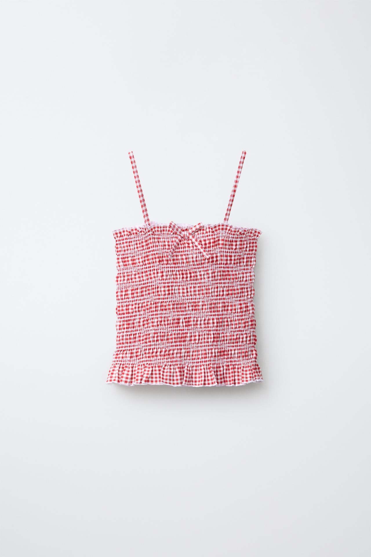 GINGHAM SMOCKED ELASTICIZED TOP — Red