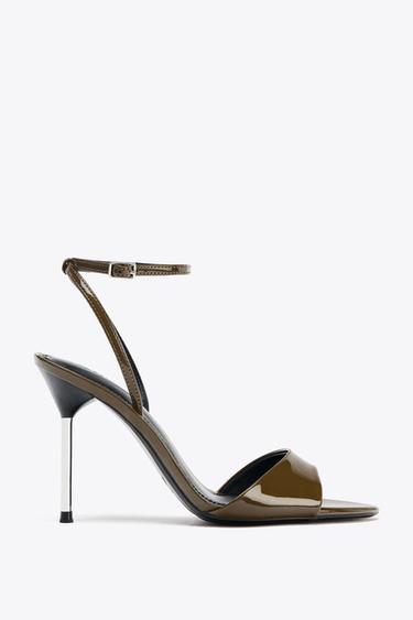 Zara PATENT EFFECT HIGH HEELED SANDALS - Khaki Green