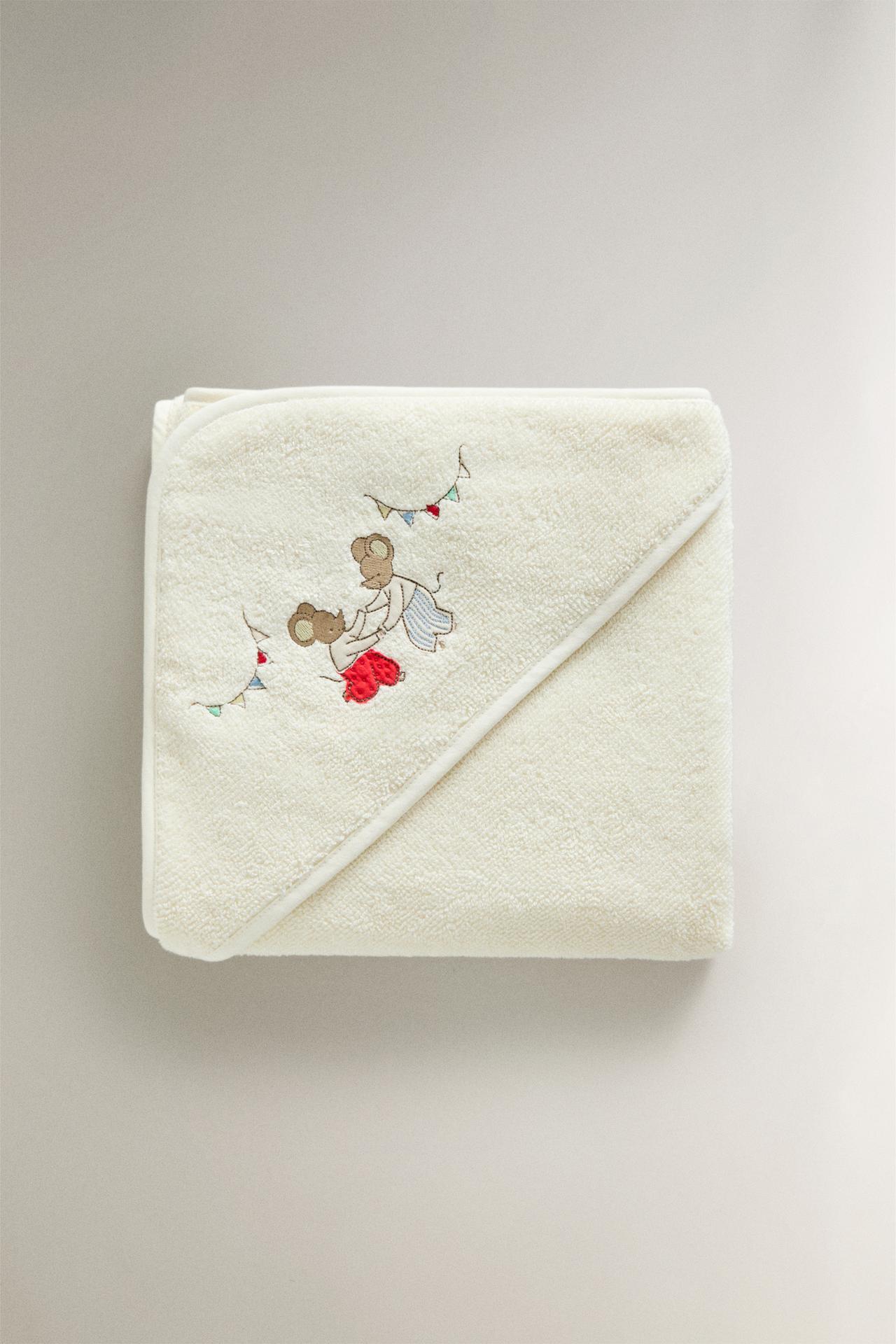 KIDS MICE HOODED BATH TOWEL — Light beige