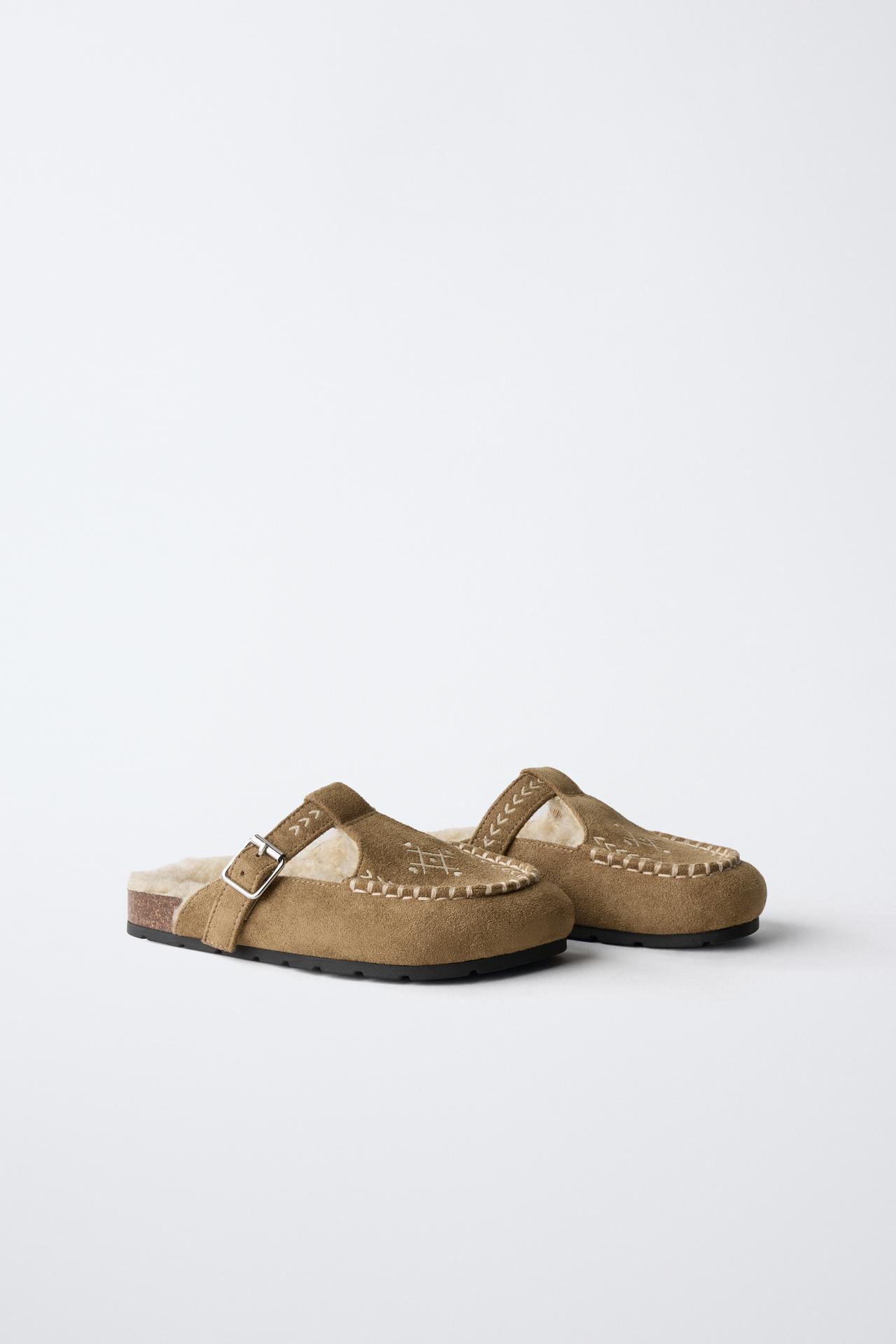 EMBROIDERED BUCKLE CLOGS — Beige
