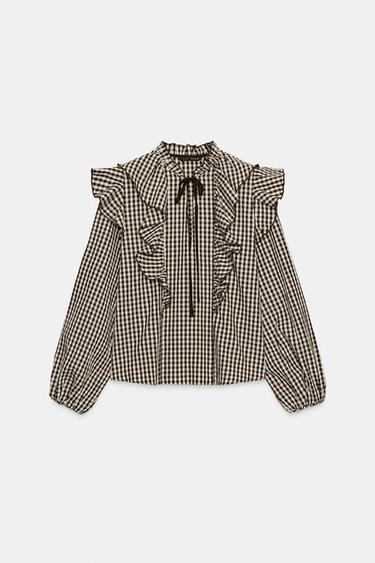 Zara GINGHAM RUFFLE BLOUSE - Brown / Ecru