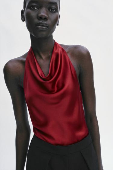 SATIN HALTER TOP - Mid-red by Zara - Image 0