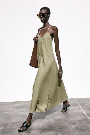 VOLUMINOUS LINEN BLEND MIDI DRESS - Light khaki by Zara - Image 0