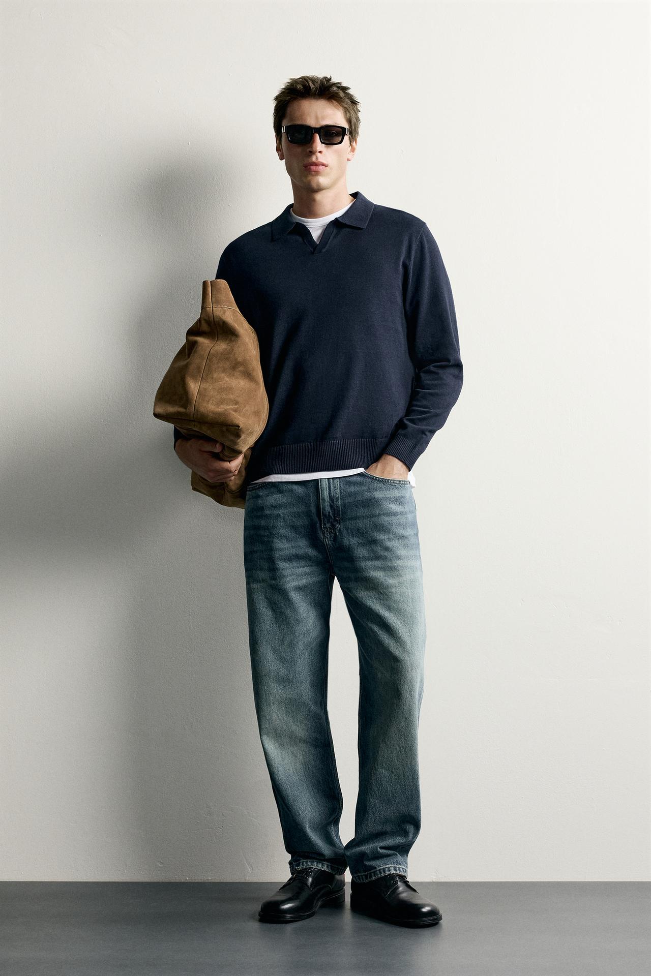 COTTON-LINEN KNIT REGULAR FIT POLO — Navy blue