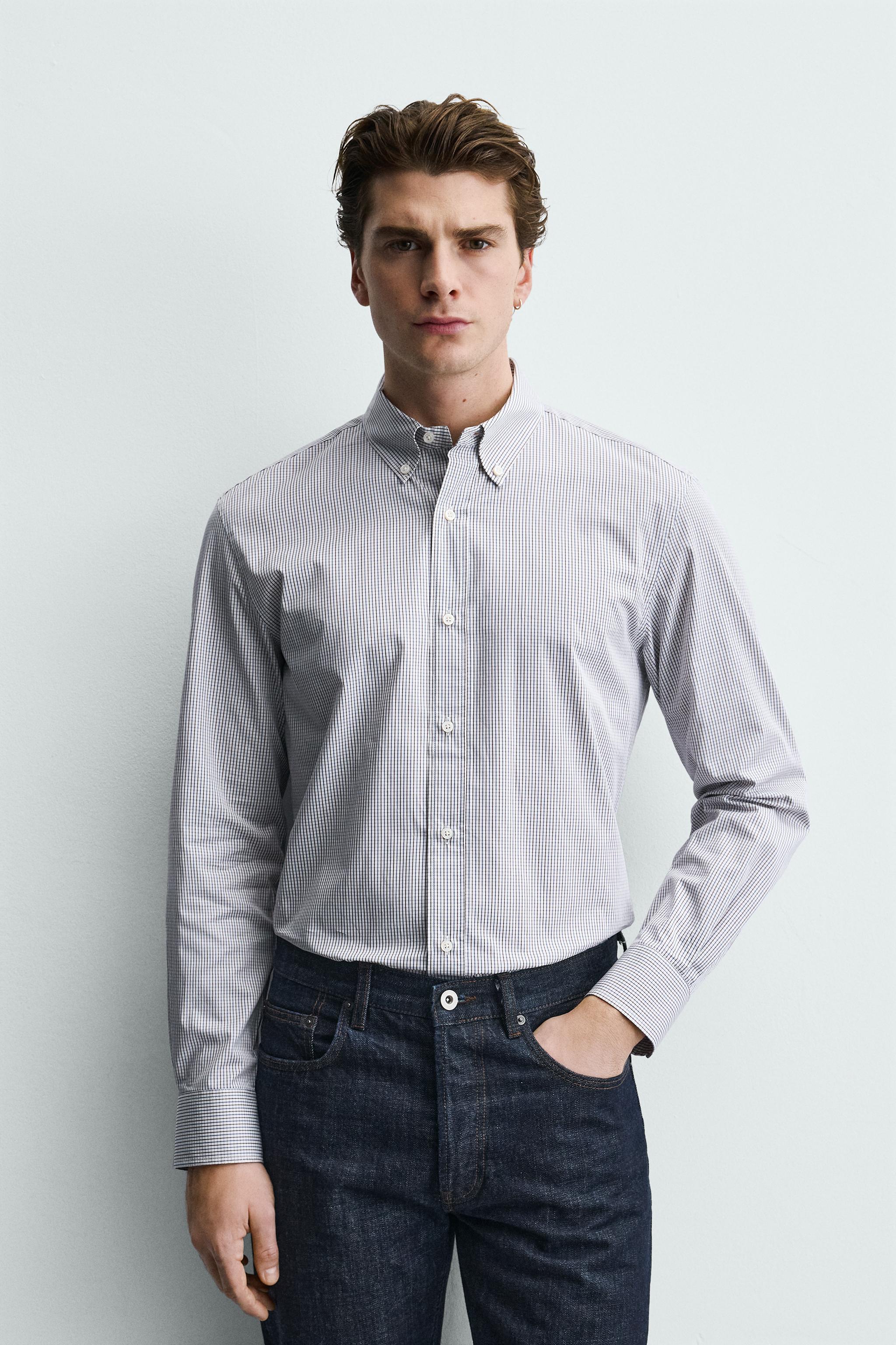 REGULAR FIT CHECK SHIRT — Beige