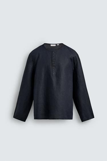100% HEMP HENLEY SHIRT - Dark navy by Zara