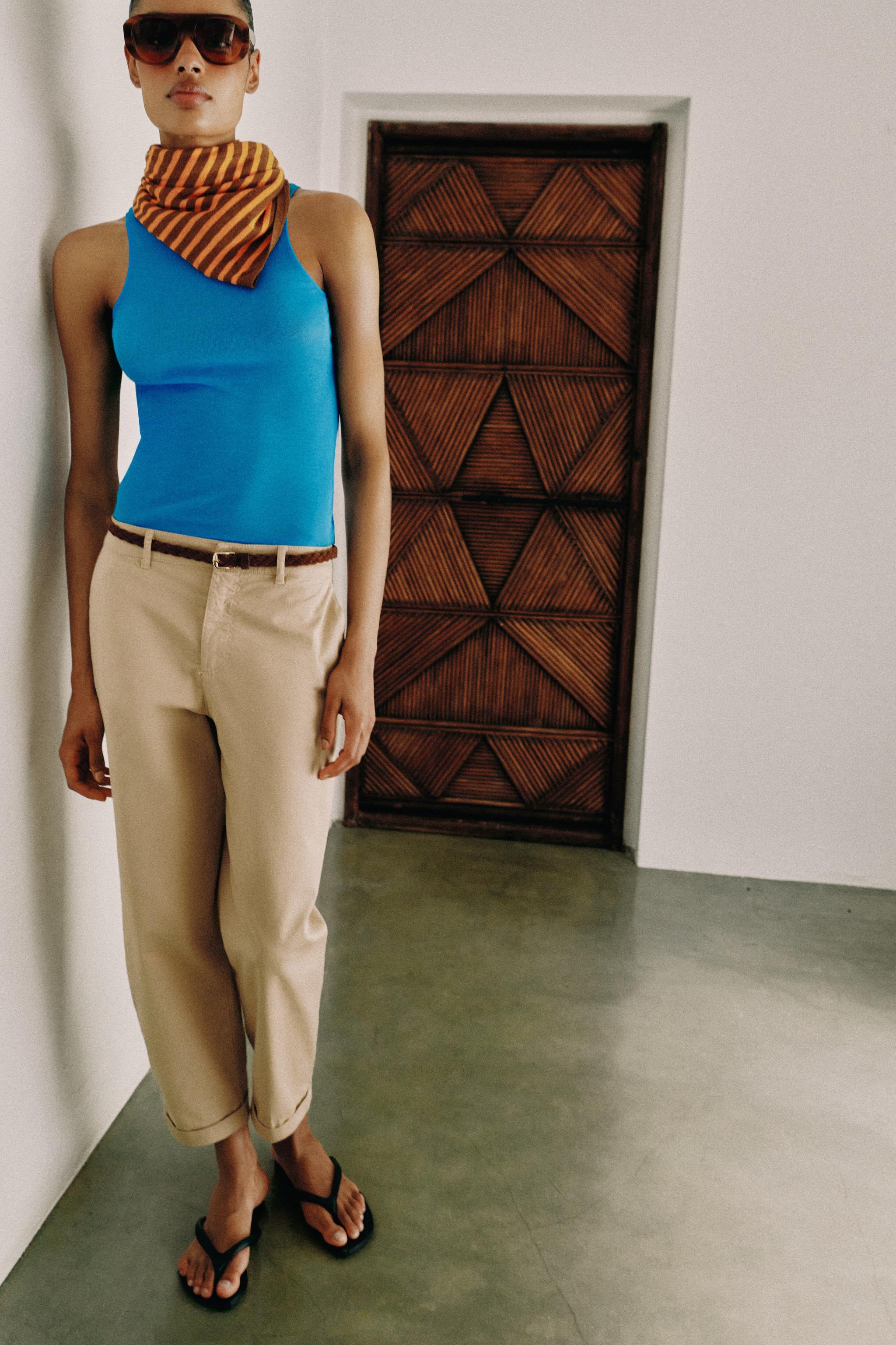BRAIDED BELT CHINO PANTS — Light camel